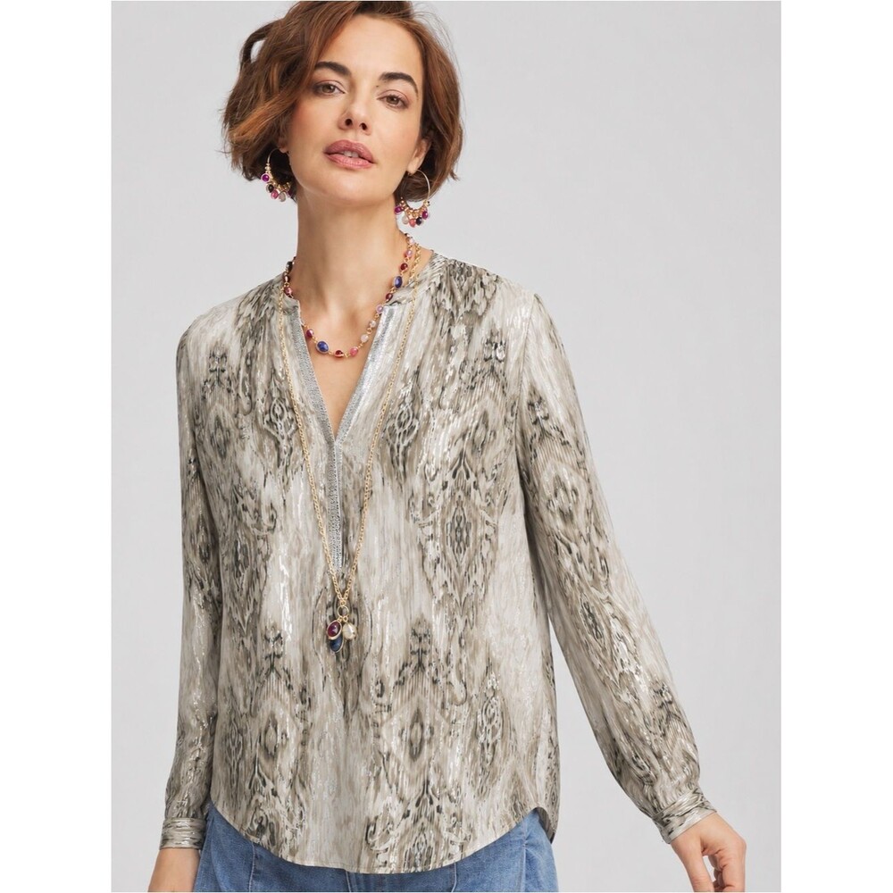 NEW Chico's 2 Neutral Ikat-Pattern Long-Sleeve Tunic Metallic Allover Boho Chic
